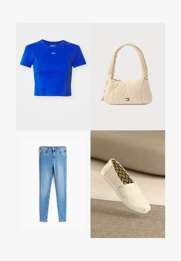 Blå cropped t-shirt lavet af ribbet bomuld. Har en rund halsudskæring og et lille hvidt logo-label på brystet. Korte ærmer.; Lyseblå skinny jeans med forreste knap, lynlås, bæltestropper og fem lommer, lagt fladt på en hvid baggrund.; Hvide lærred slip-on sko med en rund tå og tekstureret cremefarvet sål. Indersiden har et zigzag-mønster i brune og sorte farver.; Skuldertaske i cremefarve lavet af blødt, quiltet stof med et buet håndtag og et logomærke. Lynlåslukning med ekstra vedhæng.
