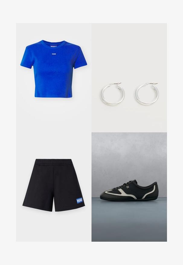 Blå cropped t-shirt lavet af ribbet bomuld. Har en rund halsudskæring og et lille hvidt logo-label på brystet. Korte ærmer.; Sorte shorts med en afslappet pasform, elastisk talje og blå "HUGO" logo på venstre lår; lavet af blødt, åndbart materiale.; Sort sneakers med tekstureret læderoverdel, kontrasterende grå accenter, rund tå og flad sål. Har snørebånd og mærkelogo på siden.; Par mellemstore skinnende sølv hoops øreringe med tynde metal spænder på en lys neutral baggrund.