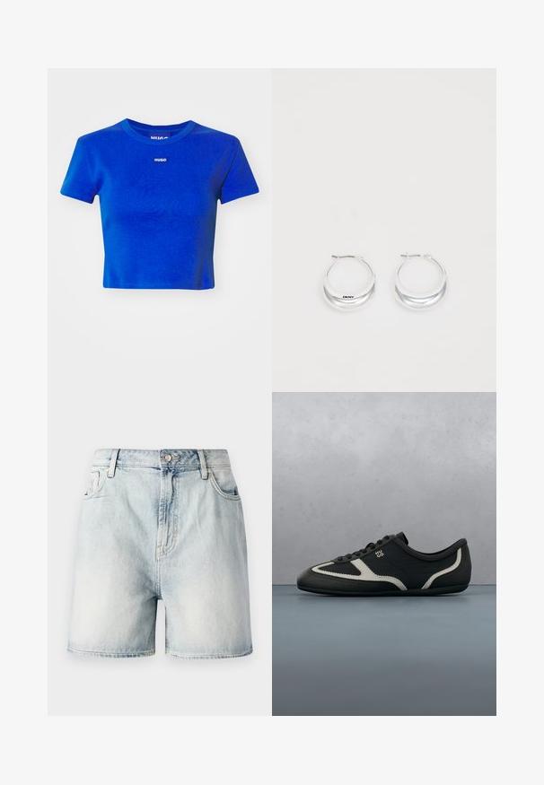 Blå cropped t-shirt lavet af ribbet bomuld. Har en rund halsudskæring og et lille hvidt logo-label på brystet. Korte ærmer.; Lyseblå denimshorts med knaplukning, fem lommer og en falmet struktur. Lige snit med et klassisk design.; Sort sneakers med tekstureret læderoverdel, kontrasterende grå accenter, rund tå og flad sål. Har snørebånd og mærkelogo på siden.; Sølv hoops øreringe med en poleret overflade og DKNY branding, præsenteret mod en simpel hvid baggrund.