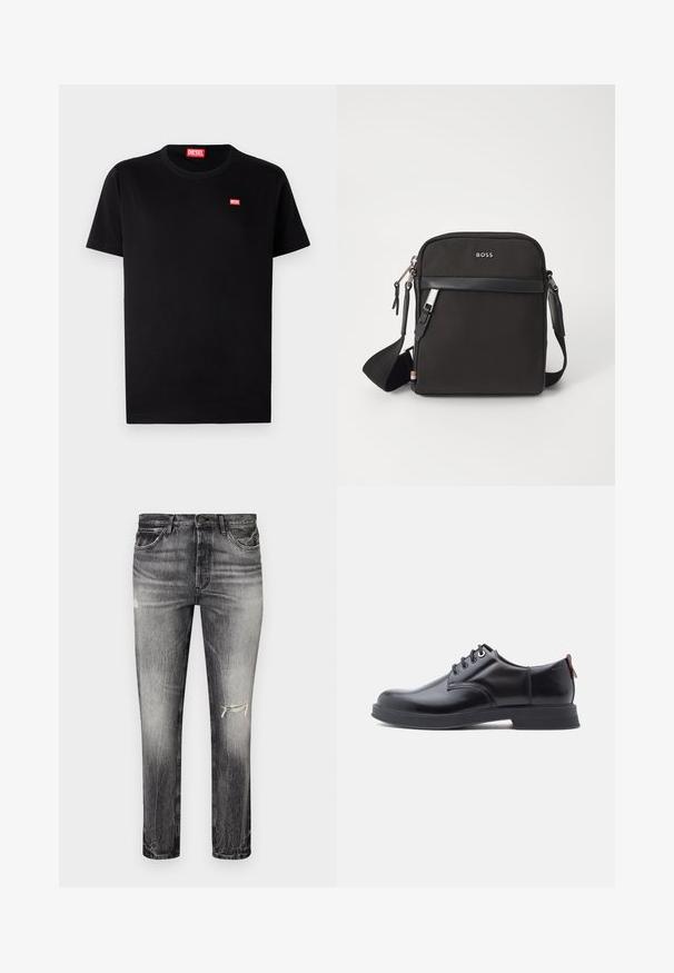 Schwarzes Baumwoll-T-Shirt mit rundem Halsausschnitt und kurzen Ärmeln. Verfügt über ein kleines rotes Diesel-Logo auf der Brust. Einfaches, klassisches Design.; Ausgewaschene schwarze Jeans mit geradem Schnitt, die abgenutzte Stellen, vordere Taschen und einen klassischen Knopfverschluss aufweisen.; Schwarze Leder-Schnürschuhe mit glatter Textur, rundem Zehenbereich und dezenten Ziernähten. Mit einem roten Laschenband an der Ferse.; Schwarze Umhängetasche aus strukturiertem Stoff, mit Logo auf der Vorderseite, Reißverschluss und verstellbarem Tragegurt. Verfügt über eine glatte Lederbesatz.