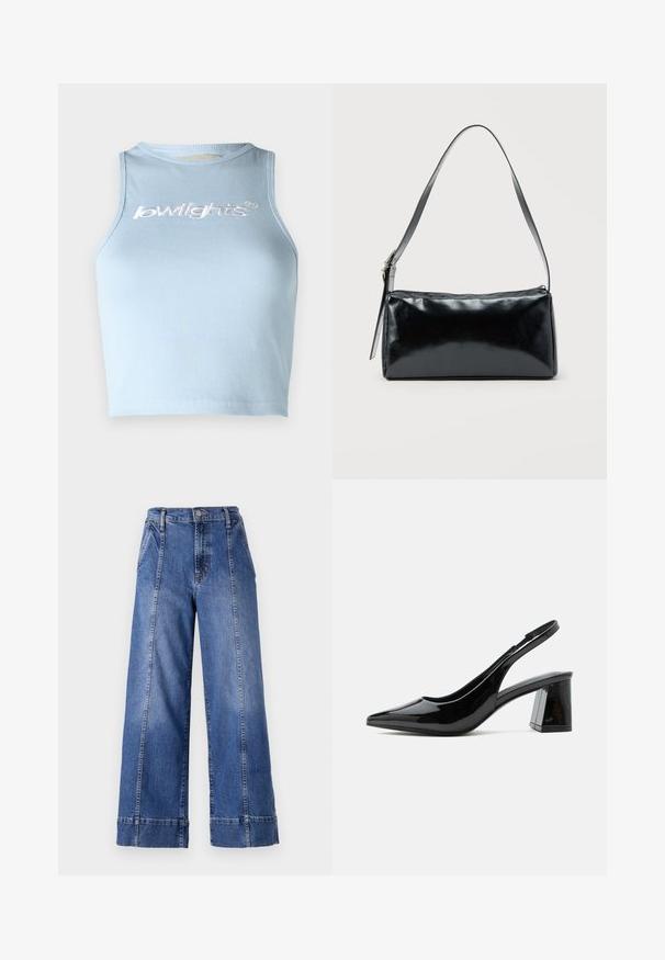 Débardeur court en bleu clair avec un col rond et sans manches. Présente un texte brodé blanc à l'avant.; Jean en denim bleu à taille haute et jambes larges, avec une fermeture à bouton, des poches avant et des coutures visibles le long des coutures latérales.; Chaussure slingback en cuir verni noir avec bout pointu et talon bloc épais de hauteur moyenne sur fond blanc.; Sac d'épaule rectangulaire noir avec une sangle réglable unique et une fermeture éclair supérieure sur un fond uni.