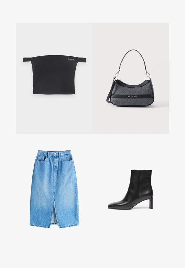 Sort crop top med off-shoulder design, fremstillet af glat stof. Har smalle stropper og et lille hvidt Calvin Klein-logo på forsiden.; Lyseblå denimnederdel med en frontal slits, fem lommer og knaplukning. Har et klassisk lige snit og frynset kant.; Sort læder ankelstøvle med spids tå, snæver hæl og glat tekstur; har en lynlåslukning i siden.; Sort og grå Valentino skuldertaske med geometrisk mønster, sølvhardware, lynlåslukning og to aftagelige stropper mod en hvid baggrund.