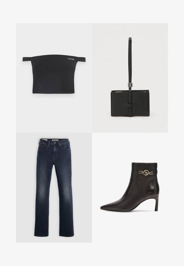Sort crop top med off-shoulder design, fremstillet af glat stof. Har smalle stropper og et lille hvidt Calvin Klein-logo på forsiden.; Mørkeblå straight-leg jeans med let udtoning på lårene, forlommer, bæltesløjfer og en knaplukning i taljen.; Brun læder ankelstøvle med spids tå, slank hæl og en sidestraps med en guldfarvet dekorativ spænde.; Sort læderpung med tekstureret finish, sikringsrem og sølvfarvet hardware-detalje. Kompakt rektangulær form med slankt profil.