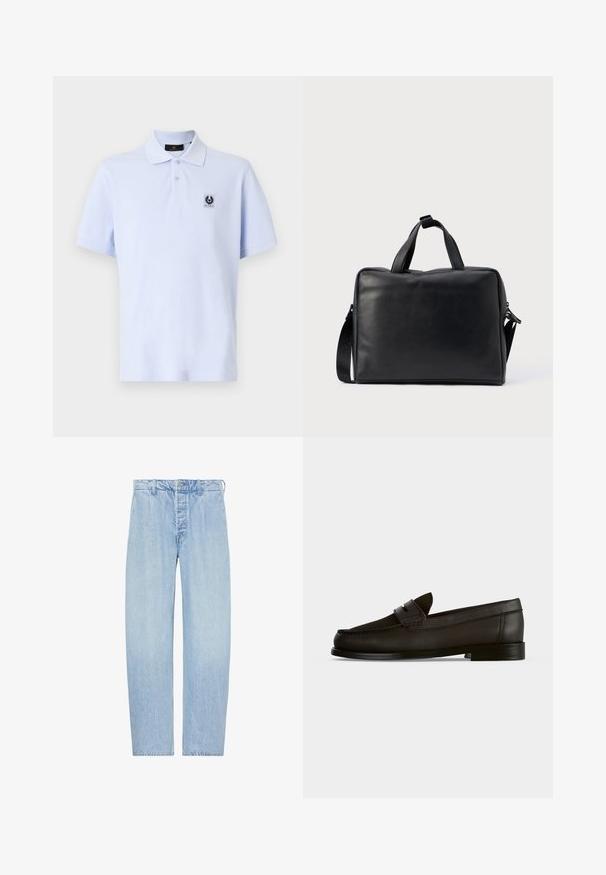 Lichtblauwe polo met een zachte textuur, korte mouwen en een klassieke kraag. Bevat een klein logopatch op de linker borst.; Lichtblauwe jeans met hoge taille en rechte pijpen, voorzien van knoop- en ritssluiting, riemlussen en zijzakken, plat uitgespreid op een witte achtergrond.; Zwarte leren penny loafer met lage hak, afgeronde neus en riemdetail over de voorkant, gezien van opzij tegen een effen achtergrond.; Zwarte leren duffeltas met een rechthoekige vorm, dubbele handvatten, een afneembare schouderriem en minimale versieringen.