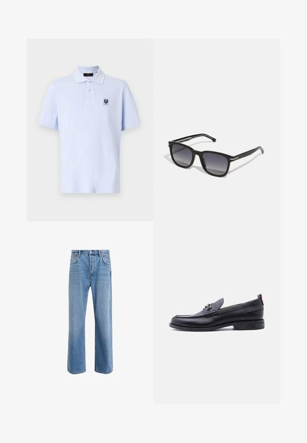 Hellblaues Poloshirt mit weicher Textur, kurzen Ärmeln und klassischem Kragen. Mit einem kleinen Logopatch auf der linken Brust.; Helle blaue Jeans im Geradeschnitt-Design, mit fünf Taschen, Knopfverschluss, minimaler Ausbleichung und kontrastierenden Nähdetails.; Schwarzer Lederloafer mit grauem, strukturiertem Vorderblatt, silberner Metallschnalle, niedrigem Absatz und Zuglasche hinten.; BOSS Sonnenbrille - black