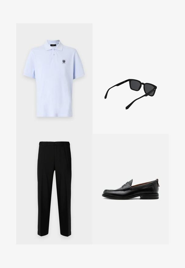 Polo bleu clair avec une texture douce, à manches courtes et à col classique. Présente un petit patch logo sur le côté gauche de la poitrine.; Pantalon noir en tissu lisse, présentant une coupe droite, deux poches avant et une fermeture à glissière avec bouton.; Mocassin homme en cuir noir avec couture moc toe, bride penny, col texturé et petit talon empilé sur fond blanc.; Lunettes de soleil rectangulaires noires avec une monture épaisse et des verres foncés, présentées légèrement inclinées sur un fond blanc.