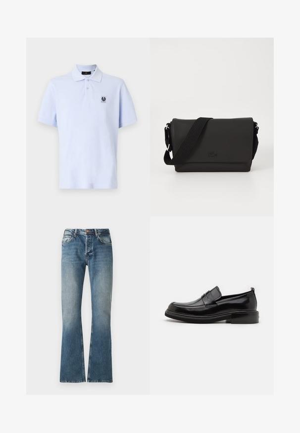 Lichtblauwe polo met een zachte textuur, korte mouwen en een klassieke kraag. Bevat een klein logopatch op de linker borst.; Blauwe denim jeans met een vervaagd effect, rechte pijpuitvoering, knoop- en ritssluiting, en vijf-pocket ontwerp.; Calvin Klein MOCCASIN - Zakelijke loafers - black; Lacoste MESSENGER BAG MEN CLASSIC - Schoudertas - noir