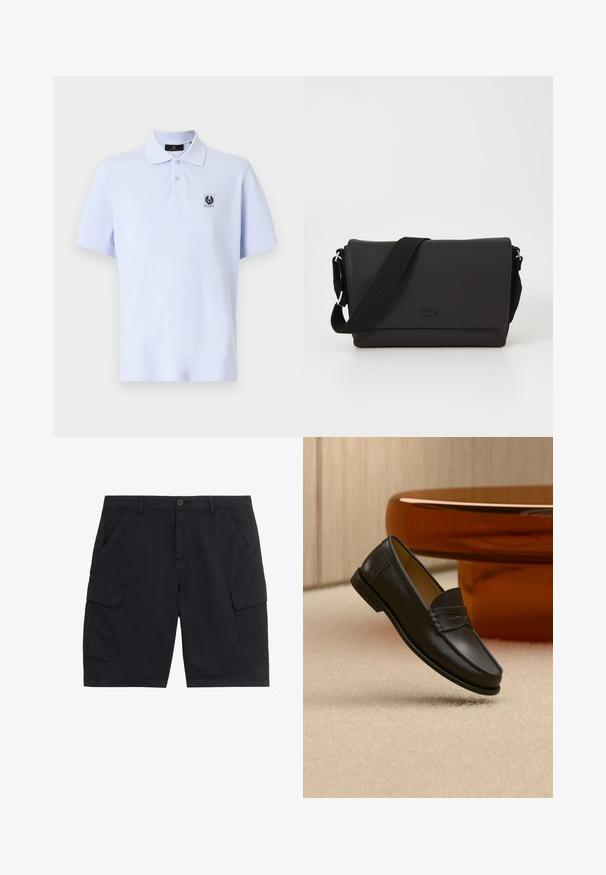 Hellblaues Poloshirt mit weicher Textur, kurzen Ärmeln und klassischem Kragen. Mit einem kleinen Logopatch auf der linken Brust.; Schwarze Cargo-Shorts mit vorderem Knopf und Reißverschluss, zwei seitlichen Taschen, zwei Klappentaschen und Gürtelschlaufen.; Schwarzer Leder-Loafer, der über einem hellbeigen Teppich schwebt, mit bernsteinfarbenen modernen Möbeln im Hintergrund.; Lacoste MESSENGER BAG MEN CLASSIC - Umhängetasche - noir
