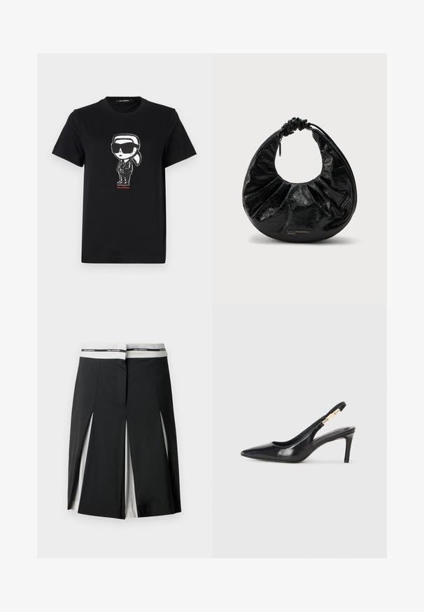 Sort bomulds t-shirt med et grafik af en figur i solbriller og jakkesæt. Enkel crew neck design med korte ærmer. Rød tekst nedenfor.; Sort midi-nederdel med hvide sidepaneler og slidsdetaljer, med en hvid talje med "KARL LAGERFELD" branding i sort.; Sort læder slingback højhælede sko med spidse tæer, glat overflade og en smal ankelrem med guldfarvede hardware detaljer.; Sort halvmåneformet håndtaske med rynket hank og lynlås, skinnende krøllet tekstur og "KARL LAGERFELD JEANS" logo foran.