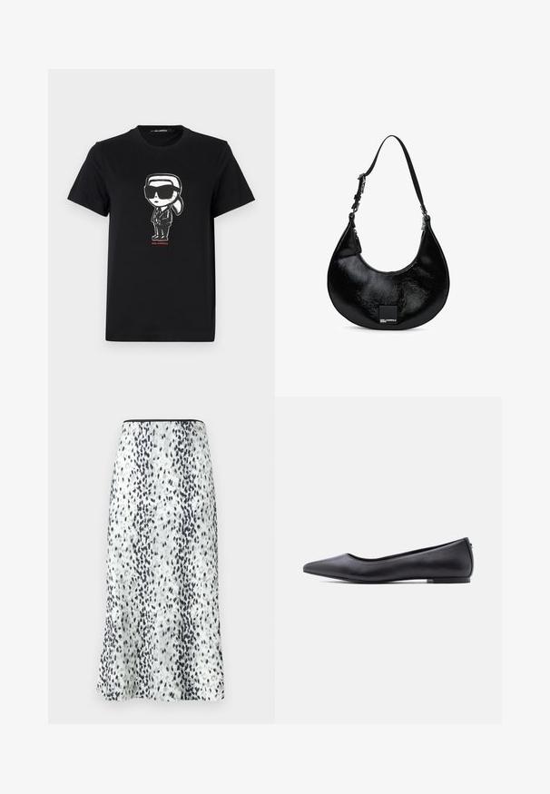 Schwarzes Baumwoll-T-Shirt mit einem Grafikmotiv einer Figur in Sonnenbrille und Anzug. Einfaches Rundhals-Design mit kurzen Ärmeln. Roter Text darunter.; Ein knielanger Rock aus einem weißen Stoff mit einem schwarz-grauen sprenkelten Muster, abgeschlossen mit einem schlichten Bund und einem kleinen Logo.; Schwarzer flacher Lederschuh mit spitzer Kappe und niedrigem Absatz, seitlich vor weißem Hintergrund gezeigt.; Schwarze, glänzende Patentleder-Schultertasche in Halbmondform mit verstellbarem Tragegurt und Karl Lagerfeld Jeans-Logo-Patch auf der Vorderseite.