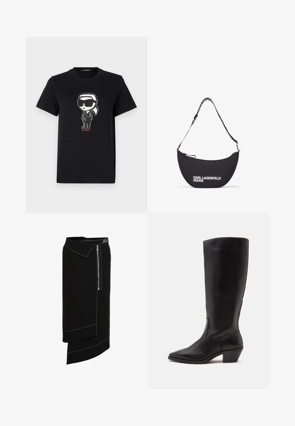 Schwarzes Baumwoll-T-Shirt mit einem Grafikmotiv einer Figur in Sonnenbrille und Anzug. Einfaches Rundhals-Design mit kurzen Ärmeln. Roter Text darunter.; Schwarze Midirock mit weitem Kragen, seitlichem Reißverschluss, weißen Stichakzenten und asymmetrischem Saumdesign. Glatte Textur.; Schwarzer Lederstiefel bis zur Wade mit spitzer Spitze und niedrigem schrägem Absatz vor einfachem hellem Hintergrund.; Schwarze Stoff-Schultertasche in Halbmondform, mit einem weißen Logo "KARL LAGERFELD JEANS" und einem verstellbaren Trageriemen. Mit Reißverschlussverschluss.