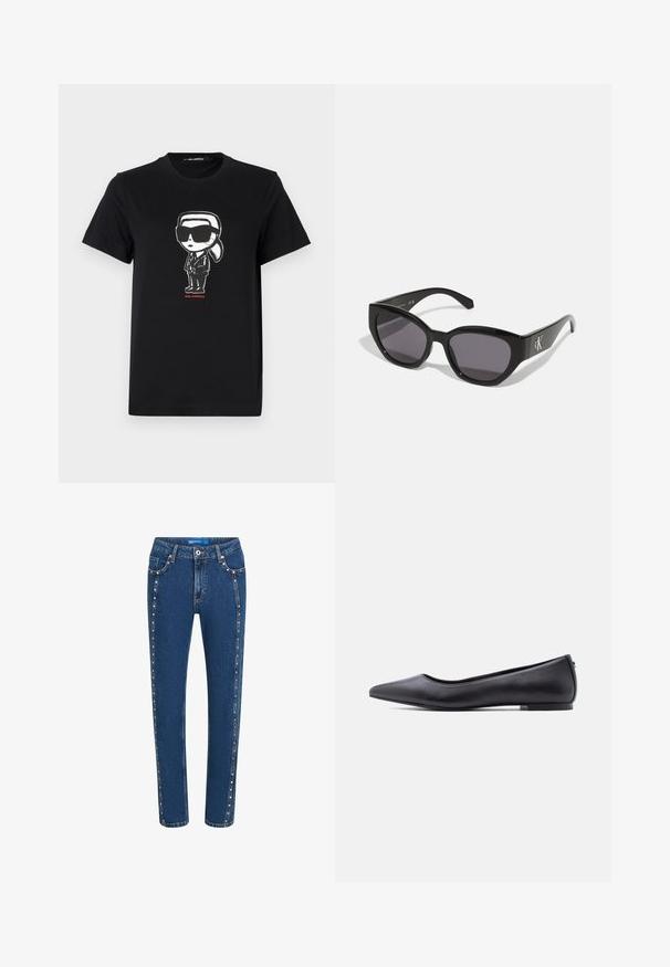 Sort bomulds t-shirt med et grafik af en figur i solbriller og jakkesæt. Enkel crew neck design med korte ærmer. Rød tekst nedenfor.; Mørkeblå denim jeans med lige pasform, der har kontrasterende syninger og dekorative nitter langs sidesømmene og forlommerne.; Sort flad lædersko med spidst tåparti og lav hæl, vist i sideprofil mod en hvid baggrund.; Sorte solbriller med et strømlinet, vinklet design, mørke linser og et kontrasterende sølvlogo på siden. Glat plastoverflade.
