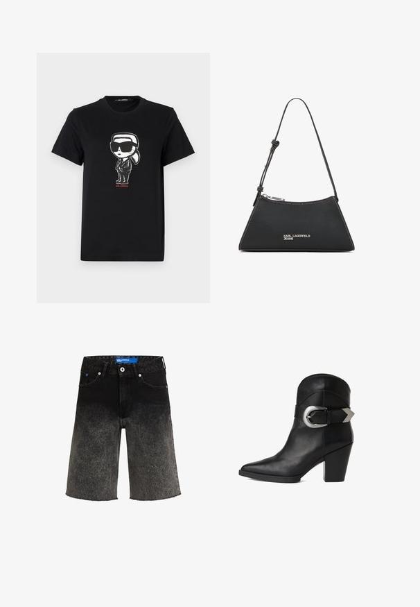 Schwarzes Baumwoll-T-Shirt mit einem Grafikmotiv einer Figur in Sonnenbrille und Anzug. Einfaches Rundhals-Design mit kurzen Ärmeln. Roter Text darunter.; Schwarze Denim-Shorts mit einem Farbverlauf von dunkel zu hell. Mit einem ausgefransten Saum, zwei vorderen Taschen und einem blauen Markenlabel am Bund.; Schwarze Leder-Stiefelette mit spitzer Zehe, klobigem Absatz und einem breiten Riemen mit einer kreisförmigen silbernen Schnalle an der Seite. Glatte Textur.; Schwarze Lederhandtasche mit dreieckiger Form, ausgestattet mit einem silbernen Reißverschluss, weißen Nähten und einem "KARL LAGERFELD JEANS" Logo auf der Vorderseite.