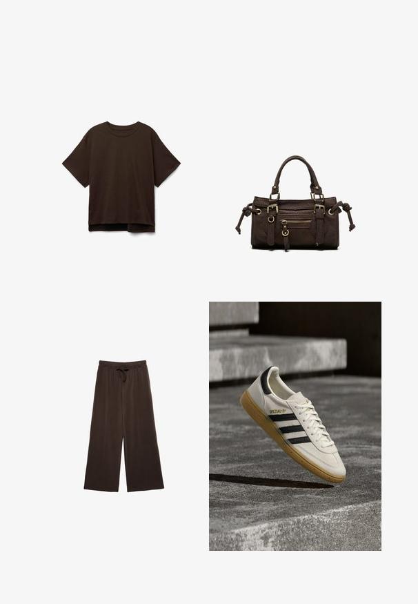 Brun kortærmet T-shirt i blødt bommateriale. Rund hals, afslappet pasform og en let længere bagste søm. Glat tekstur, ingen mønstre.; Brune brede bukser med snøre i taljen. Fremstillet af blødt stof, med lodrette sømme ned ad fronten for ekstra detalje.; Hvid Adidas Spezial sneaker med sorte striber og gummisål, svævende over grå stentrin udendørs.; Mørkebrun læderhåndtaske med dobbelte håndtag, forreste lynlåslomme, dekorative spænder og sideknuder på hvid baggrund.