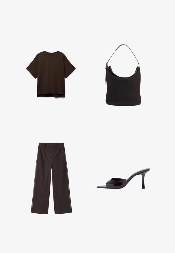 Brun kortærmet T-shirt i blødt bommateriale. Rund hals, afslappet pasform og en let længere bagste søm. Glat tekstur, ingen mønstre.; Brune brede bukser lavet af glat materiale med hvide sidestriber. Funktioner inkluderer forlommer og en høj talje.; Sort laklæder mule med åbent tåparti, slank mellemhøj stilethæl og lavt skåret overskrivebånd.; Mørkebrun ruskind hobo-taske med en enkelt læderrem og en spænde-detalje på den ene side, vist mod en hvid baggrund.
