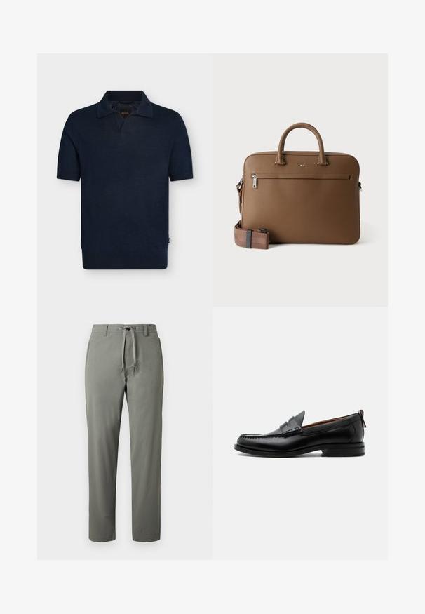Polo bleu marine foncé à manches courtes avec un col côtelé, un ourlet côtelé et une petite étiquette sur la couture latérale.; Pantalon droit pour hommes de couleur vert olive avec taille à cordon et passants pour ceinture, présenté sur un fond uni.; Mocassin homme en cuir noir avec couture moc toe, bride penny, col texturé et petit talon empilé sur fond blanc.; Mallette en cuir marron avec poignées supérieures, poche avant zippée et bandoulière assortie amovible sur fond blanc.