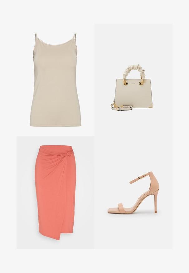 Beige tanktop lavet af glat stof, med tynde stropper og et enkelt, fitted design med en ren udskæring og uden mønstre.; Anna Field by Zalando Pencil skirt - red; Nude højhælede sandaler med firkantet tå, der har en enkelt tårem og en ankelrem, der er sikret med en guldbuckle. Glat lædertekstur.; ALDO BILITHA - Håndtasker - bone/gold-coloured