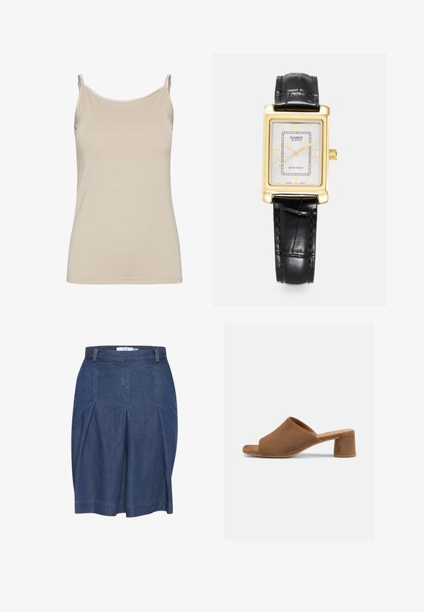 Beige tanktop lavet af glat stof, med tynde stropper og et enkelt, fitted design med en ren udskæring og uden mønstre.; Denim nederdel i mørkeblå med plisseret design, standard talje, og kontrasterende syninger. Mid-længde snit og blød tekstur.; Brun ruskinds sandal med åbne tæer, bred rem og lav blokhælk på en ensfarvet lys baggrund.; Guld rektangulær kvartsur med en sølvtekstureret urskive, sort læderrem og vandtæt funktion. Arabiske tal ved 12, 3, 6 og 9.
