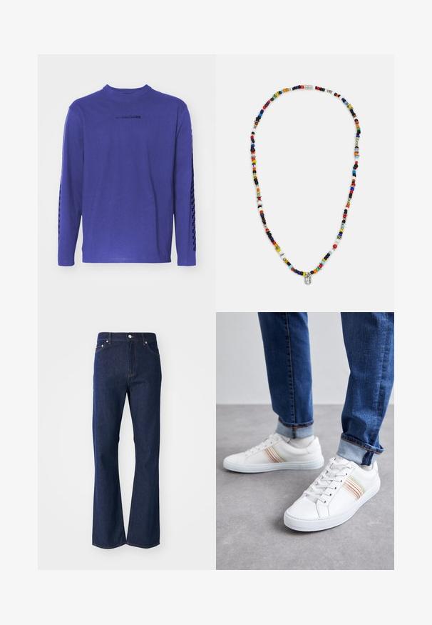 Langærmet lilla t-shirt lavet af bomuld, med rund hals og et mønstrede accent langs ærmerne samt et logo på brystet.; Flarvede mørkeblå jeans lavet af denim. Har fem lommer, en front lynlås og en metalknaplukning. Klassiske syninger som detaljer.; Hvide lædersneakers med multicolore striber, snørebåndsdesign, gummisål og polstret krave, parret med blå denimjeans.; Farverig perlekæde med varierede former og størrelser, med metalliske accenter og små dekorative charms. Overvejende multicoloreret.