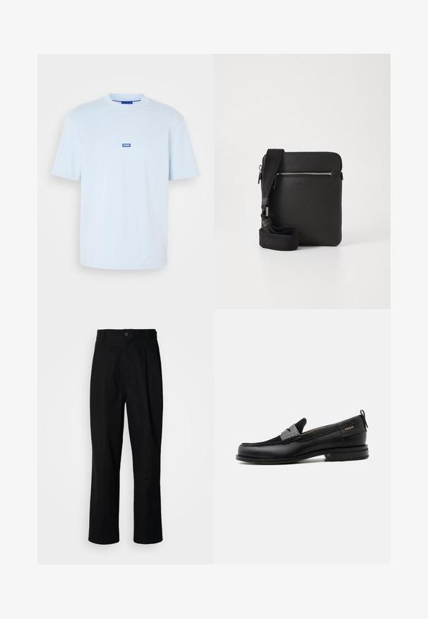 Hellblaues Baumwoll-T-Shirt mit Rundhalsausschnitt und kurzen Ärmeln; verfügt über ein kleines blaues Logolabel in der Mitte vorne.; Schwarze gerade geschnittene Hosen mit einem Knopfverschluss, Gürtelschlaufen und Vorderfalten, vor einem schlichten weißen Hintergrund präsentiert.; Schwarzer Lederloafer mit grauem Riemendetail, niedrigem Absatz und strukturierter Sohle, seitlich mit „HUGO“ in Gold gebrandmarkt.; Schwarze Leder-Umhängetasche mit strukturierten Oberflächen, einem Reißverschluss-Frontfach und einem verstellbaren Stoffgurt. Einfaches quadratisches Design.
