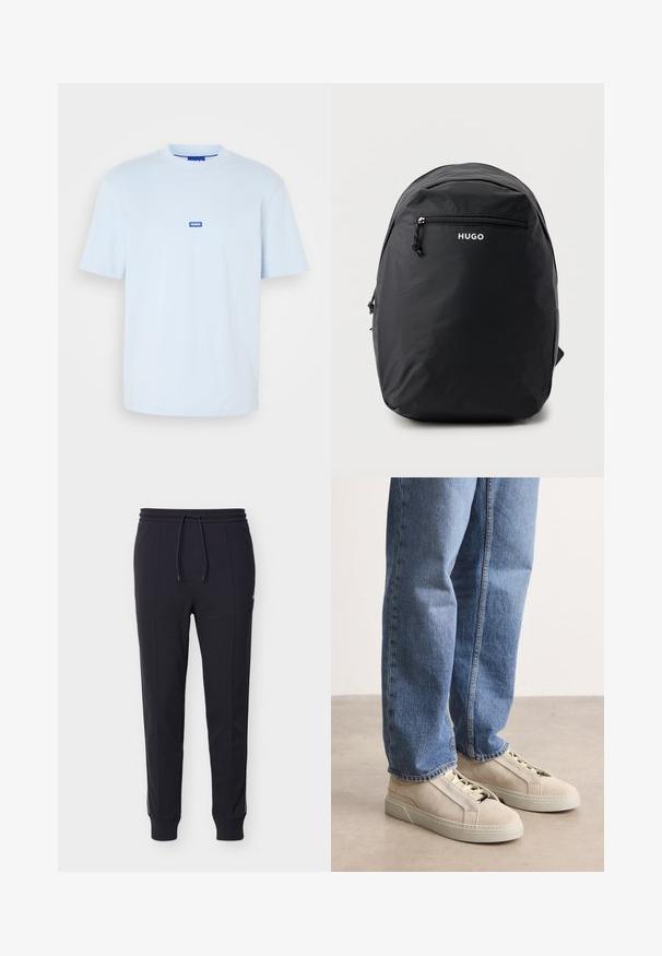 Hellblaues Baumwoll-T-Shirt mit Rundhalsausschnitt und kurzen Ärmeln; verfügt über ein kleines blaues Logolabel in der Mitte vorne.; Schwarze Slim-Fit-Jogginghosen mit gerippten Bündchen, Kordelzugbund und dezentem seitlichem Logo auf reinweißem Hintergrund.; BOSS GARYTENN_SDHDEL - Sneaker low - natural ten; Schwarzer HUGO-Rucksack mit vorderer Reißverschlusstasche, minimalistischem Design und leicht abgerundetem Oberteil vor einfarbig hellgrauem Hintergrund.