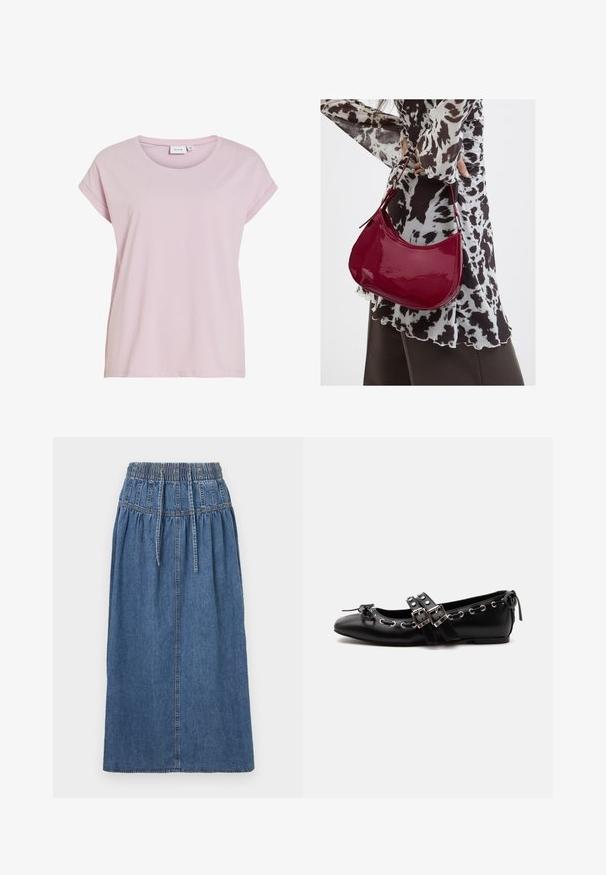 Rosa T-Shirt aus weichem Stoff, mit rundem Halsausschnitt und umgeschlagenen kurzen Ärmeln. Gerader Schnitt mit leicht lockerer Passform.; Jeans-Midirock mit elastischem Bund, Kordelzugverschluss und gerader Silhouette. Blaue Farbe mit feiner Textur- und Nahtdetail.; Schwarzer flacher Ballettschuh mit doppelten Schnallenriemen, silbernen Ösen und einer kleinen Schleife nahe der abgerundeten Spitze auf weißem Hintergrund.; Frau trägt eine schwarz-weiß gemusterte Bluse und hält eine glänzende rote Schultertasche vor einem einfarbigen Hintergrund.