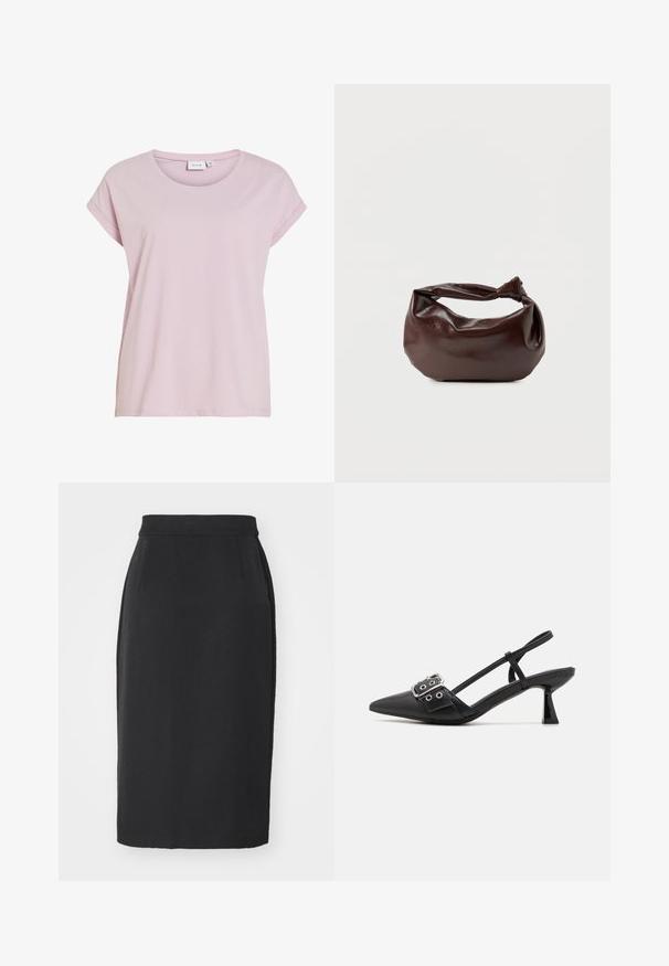Rosa T-Shirt aus weichem Stoff, mit rundem Halsausschnitt und umgeschlagenen kurzen Ärmeln. Gerader Schnitt mit leicht lockerer Passform.; Schwarzer Bleistiftrock aus glattem Stoff. Besitzt einen hohen Bund, eine taillierte Form und einen knielangen Schnitt mit minimalen Details.; Simmi London DALA - Pumps - black; Dunkelbraune Lederschultertasche mit weicher, lockerer Form und einem gedrehten Knotengriff vor schlichtem weißem Hintergrund.