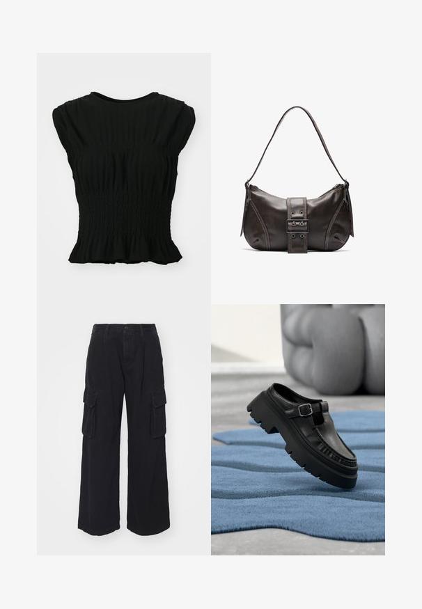 Top negro de manga corta hecho de tejido texturizado, con fruncido gathered en la cintura y un dobladillo con volante. Cuello redondeado.; Pantalones cargo negros confeccionados con una tela duradera, con piernas anchas, múltiples bolsillos laterales y un cierre de botón clásico en la cintura.; Mocasín de cuero negro con suela gruesa de tacos y hebilla plateada, colocado en ángulo sobre una alfombra azul texturizada.; Bolso de hombro de cuero marrón con forma curva, que presenta un prominente detalle de hebilla, costuras en contraste y una sola correa para el hombro.