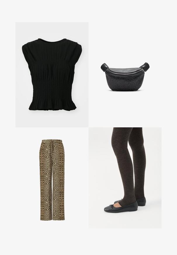 Top negro de manga corta hecho de tejido texturizado, con fruncido gathered en la cintura y un dobladillo con volante. Cuello redondeado.; Pantalones con estampado de leopardo en beige y marrón, confeccionados en tela suave, con un corte relajado y cintura elástica para mayor comodidad.; Piernas con leggings oscuros acanalados combinados con bailarinas negras que presentan pequeños detalles de lazo sobre un fondo blanco.; Bolso de mano negro con parte superior de cuero liso y base texturizada cubierta de tachuelas plateadas, que cuenta con un cierre de cremallera y doble asa.