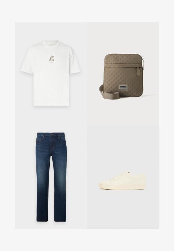 Weißes Baumwoll-T-Shirt mit Rundhalsausschnitt. Mit einem kleinen beigen Logo "A|X" und "ARMANI EXCHANGE" darunter. Kurze Ärmel, normale Passform.; Dunkelblaue Jeans aus Denim mit geradem Bein, fünf Taschen, Knopfverschluss und dezentem Used-Look.; Cremefarbener Sneaker mit glattem Lederoberteil, abgerundeter Zehenpartie, Schnürung vorne und strukturierter Gummisohle. Minimalistisches Design, ohne Logos.; Beige Crossbody-Tasche mit verstellbarem Riemen, vorderer Reißverschlusstasche und geprägt geometrischem Muster, mit kleinem Metall-Logo-Schild.