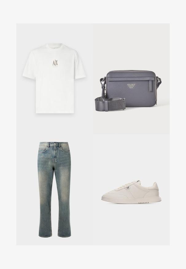 Weißes Baumwoll-T-Shirt mit Rundhalsausschnitt. Mit einem kleinen beigen Logo "A|X" und "ARMANI EXCHANGE" darunter. Kurze Ärmel, normale Passform.; Hellblaue Denim-Jeans mit geradem Bein, mittelhoher Taille und subtilen Ausbleichungen. Verfügt über klassische Taschenstil und Kontrastnähte.; Weißer Sneaker in niedriger Ausführung mit Schnürverschluss, glattem Lederobermaterial, dezenten Nähten und kleinem metallicfarbenem Logo an der Seite.; Dunkelgraue rechteckige Umhängetasche mit verstellbarem Riemen, vorderer Reißverschlusstasche und silbernem Logo-Emblem.