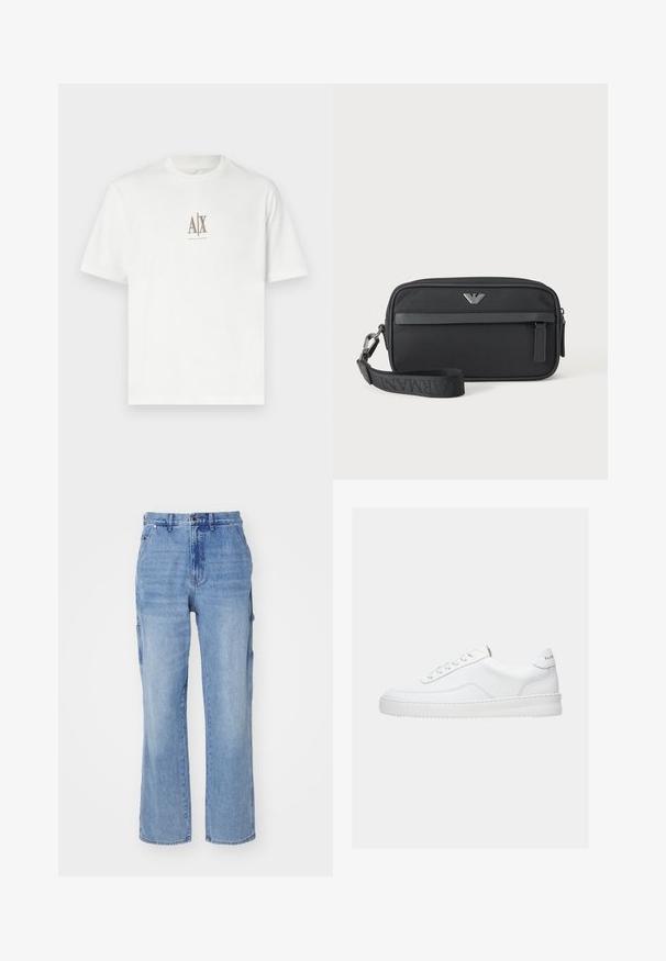 T-shirt en coton blanc avec un col rond. Présente un petit logo beige "A|X" et "ARMANI EXCHANGE" imprimé en dessous. Manches courtes, coupe régulière.; Pantalons cargo en denim bleu clair avec une coupe droite, dotés de poches latérales et d'une fermeture à boutons. Texture douce et délavage.; Baskets basses blanches avec un design à lacets, dessus en cuir lisse et semelle épaisse, montrées de profil sur un fond uni.; Petit sac bracelet rectangulaire noir avec poche avant zippée, emblème logo argenté et bandoulière amovible avec texte de marque.