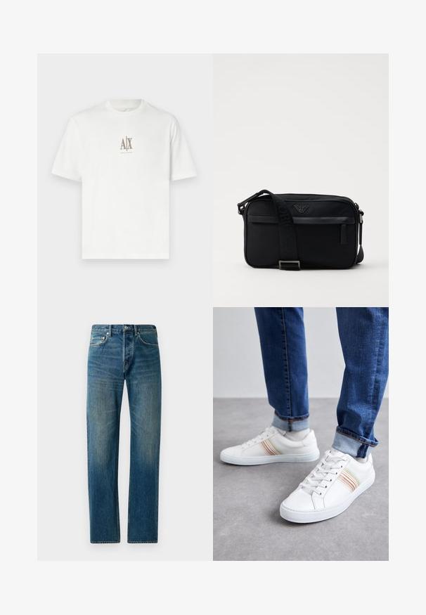 Hvid bomulds T-shirt med rund hals. Har et lille beige logo "A|X" og "ARMANI EXCHANGE" trykt nedenunder. Kortærmet, almindelig pasform.; Blå denim jeans med lige ben, der har en fem-lomme stil, subtil falming og kontrastsyet detaljer.; Hvide lædersneakers med multicolore striber, snørebåndsdesign, gummisål og polstret krave, parret med blå denimjeans.; Sorte nylon skuldertaske med en kontrasterende rem, slank rektangulær form, logo detaljer og en lynlåslomme på forsiden.