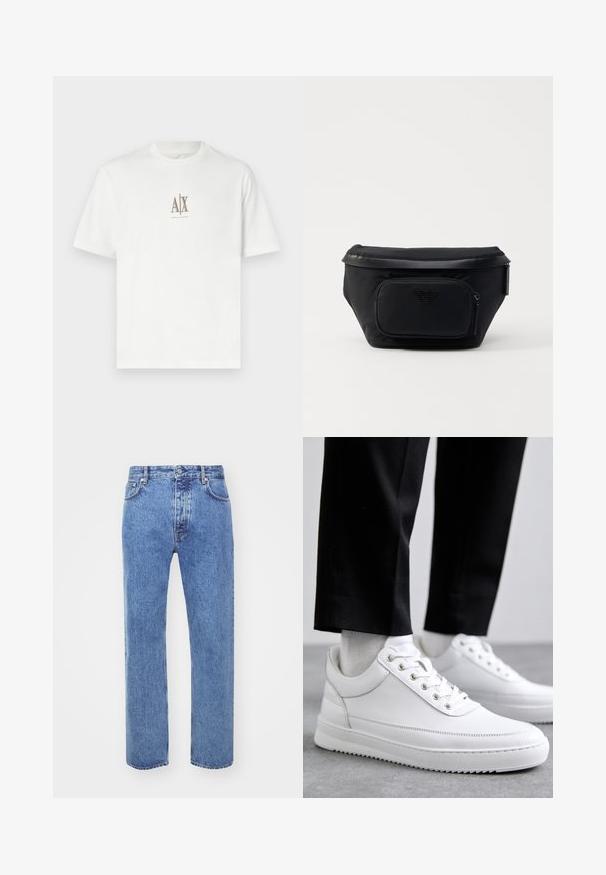 T-shirt en coton blanc avec un col rond. Présente un petit logo beige "A|X" et "ARMANI EXCHANGE" imprimé en dessous. Manches courtes, coupe régulière.; Won Hundred STEVE - Jean boyfriend - cut blue; Baskets blanches en cuir avec une semelle en caoutchouc plat, présentant une finition lisse, un bout rond et des œillets en métal pour les lacets. Portées avec un pantalon noir.; Sac en nylon noir avec une poche zippée à l'avant, présentant une texture lisse et un accent de logo. Design structuré avec un rabat.