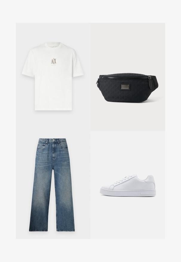 Hvid bomulds T-shirt med rund hals. Har et lille beige logo "A|X" og "ARMANI EXCHANGE" trykt nedenunder. Kortærmet, almindelig pasform.; Blå denim bredbenede jeans med høj talje, subtilt slid, fem lommer og metalknaplukning foran.; Hvide lædersneakers med en glat overflade, rund tå, snørebånd foran og flad gummisål. Har prægede branding på hælen.; Sort stof talje taske med lynlås foran og lille metal logo plade i midten, vist mod en ensfarvet baggrund.
