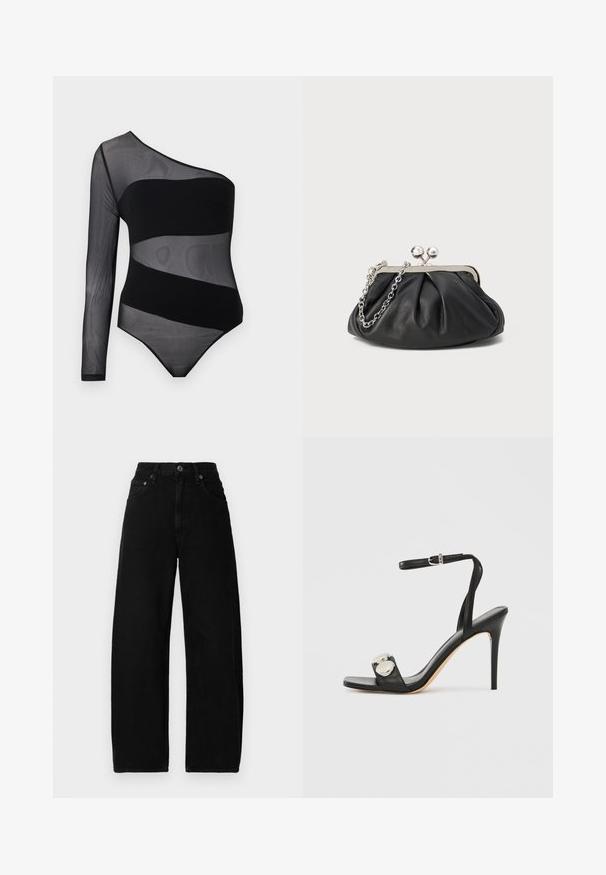 Sort ensidig gennemsigtig mesh bodysuit med en enkelt langærmet og solide diagonale bånd over brystet og taljen.; Sorte denim brede benjeans med høj talje, der har en frontknaplukning, lommer og en glat, mat tekstur.; Sort højhælet sandal med ankelrem, der har en glat læderoverdel, firkantet tå og to runde metalliske detaljer.; Sort læder clutch med samlet tekstur, sølvfarvet metalramme, kys-lås lukning og kædestrop. Glat, blød overflade.