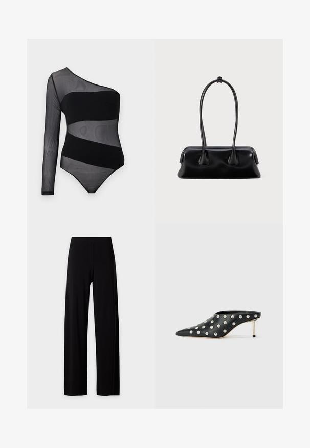 Zwarte een-schouder sheer mesh bodysuit met een enkele lange mouw en vaste diagonale banden over de borst en taille.; Zwarte broek met wijde pijpen en een hoge taille, met een glad voorpand zonder zichtbare zakken of versieringen.; STAND STUDIO KELSEY - Muiltjes met hak - black; Zwarte leren handtas met twee lange handvatten, een gladde textuur en een ronde bodem met decoratieve accenten aan de zijkanten.