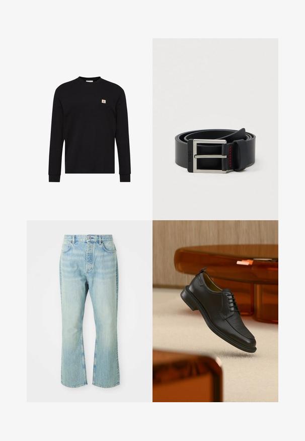 Sort langærmet rundhalset sweater med lille beige og rød CK-logo patch på venstre bryst.; Lysblå denim flared jeans med høj talje, der har fem lommer, bæltestropper og en toned vævning.; Sort lædersko med snørebånd og tekstureret front, svævende over beige tæppe i et moderne rum med møbler i ravfarvet toning.; Sort læderbælte rullet sammen med en sølvfarvet rektangulær metalspænde og røde syninger nær spændeløkken.