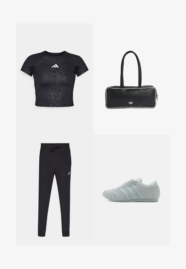 Sort cropped atletisk t-shirt med et struktureret mønster, korte ærmer og et hvidt logo på brystet. Materialet ser glat og fleksibelt ud.; Sorte atletiske bukser lavet af blødt stof, med elastisk talje, tætsiddende ben og et lille hvidt Adidas-logo på venstre lår.; Grå ruskind slip-on sneaker med tekstureret overflade, der har tre laterale striber og rundet tå. Gummisål med minimalt design.; Sort lædertaske med rektangulær form, der har to håndtag, hvide kanter og et lille hvidt logo på forsiden.