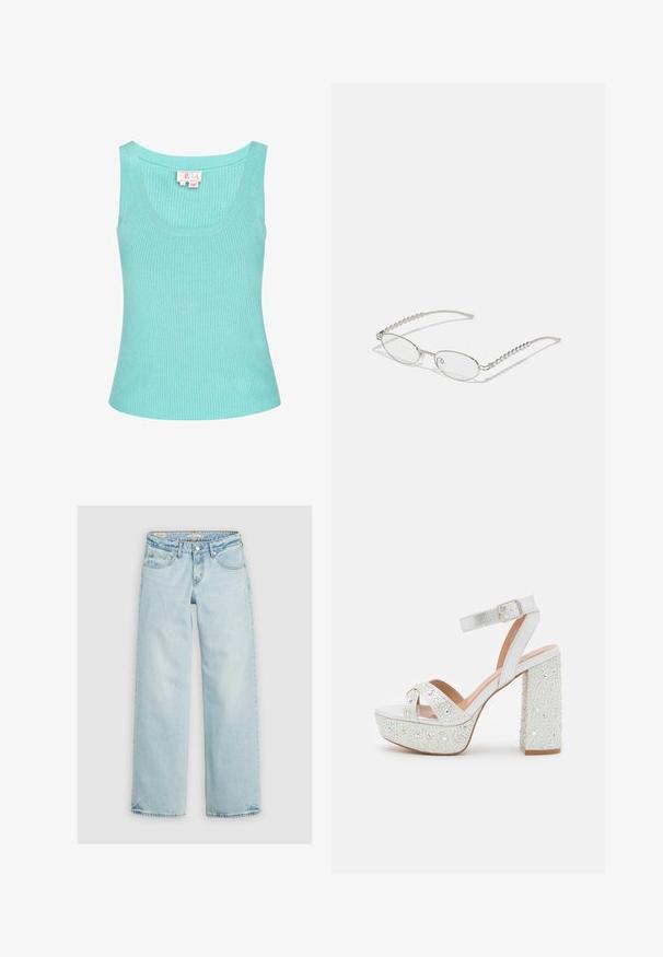 Helles blaues, geripptes Tank-Top mit rundem Ausschnitt und breiten Schulterträgern. Der Stoff wirkt glatt mit einem leichten Stretch. Etikett ist innen sichtbar.; Hellblaue Jeans mit weitem Bein aus Denim. Verfügt über klassischen Fünf-Taschen-Stil, Knopfverschluss und gestickte Details auf den Taschen.; Weiße Plattform-Sandaletten mit metallischem Finish, ausgestattet mit zwei überkreuzten Riemen, einem Knöchelriemen und einem Blockabsatz, der mit funkelnden Edelsteinen verziert ist.; Ovale Brillen mit einem metallisch-silbernen Rahmen, klaren Gläsern und strukturierten Perlenakzenten an den Bügeln. Leichtes Design mit gebogenen Bügeln.