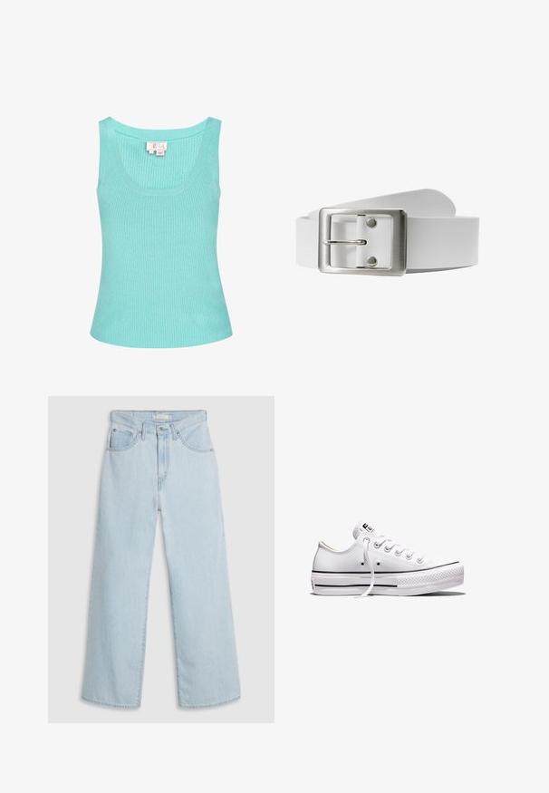 Lysblå ribbet tanktop med rund halsudskæring og brede skulderstropper. Stoffet ser glat ud med en let stræk. Etiketten er synlig indeni.; Lyseblå, vide jeans med høj talje, der har knap- og lynlås lukning, dobbelte forlommer foran og diskrete syningsdetaljer.; Lavtop hvid lærredsneaker med hvide snørebånd, gummisål, sorte stribedetaljer og logo-patch på tungen og hælen.; Hvid læderbælte med en rektangulær sølvmetalspænde og en pig, der har en glat overflade og et minimalistisk design.