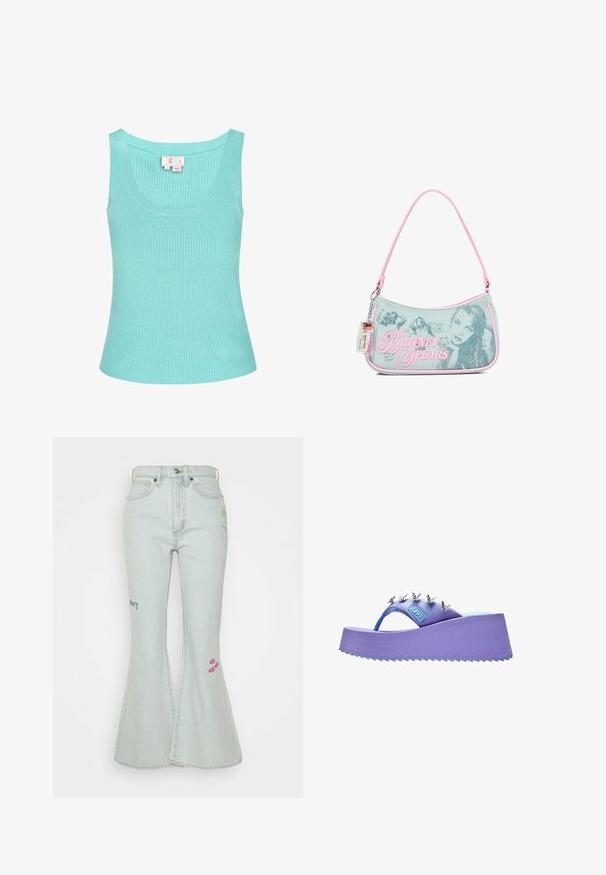 Lichtblauw geribbeld tanktop met een ronde halslijn en brede schouderbanden. De stof lijkt glad met een lichte stretch. Etiket zichtbaar aan de binnenkant.; Obey Clothing RORY - Flared Jeans - icy wash; Paarse platform-flipflop-sandaal met zilveren vlinderversieringen op het bandje en een gestructureerde zool.; Kleine denim handtas met roze bies, met zwart-witte foto's van Britney Spears, ontwerp met stervormige strass-steentjes en een vastgemaakt plastic ID-label.
