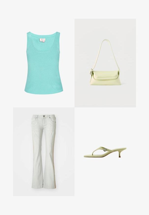 Helles blaues, geripptes Tank-Top mit rundem Ausschnitt und breiten Schulterträgern. Der Stoff wirkt glatt mit einem leichten Stretch. Etikett ist innen sichtbar.; Helle graue Jeans im Schlagstil mit Seitentaschen, die einen strukturierten beigen Streifen entlang der äußeren Naht aufweisen, Knopfverschluss und Gürtelschlaufen.; Hellgrüner Sandale mit Katzenabsatz und silberner Schnalle am Seitenriemen, aus der Seitenansicht vor weißem Hintergrund.; Hellgrüne Lederhandtasche mit einem einzelnen Riemen und Klappverschluss, präsentiert vor einem weißen Hintergrund.