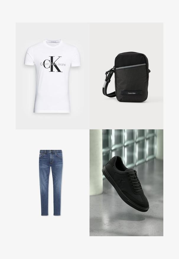 Weißes kurzärmeliges T-Shirt mit großem schwarzem "cK" und grauem "Calvin Klein Jeans" Textlogo auf der Vorderseite.; Blaue Denim-Slim-Fit-Jeans mit vorderem Knopf und Reißverschluss, Fünf-Taschen-Design und leichtem Verblassen an Oberschenkeln und Knien.; Schwarzer Low-Top-Sneaker mit Schnürsenkeln und "CK"-Logo an der Seite, schwebt über einem polierten Betonboden in der Nähe einer Glasblockwand.; Schwarze Umhängetasche mit einem karierten Muster, gefertigt aus strukturiertem Stoff. Verfügt über eine Vordertasche und ein Logo-Detail. Verstellbarer Gurt inklusive.