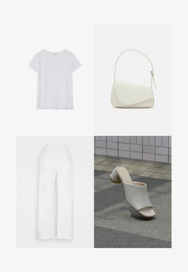 Witte V-hals t-shirt met korte mouwen, gemaakt van lichtgewicht stof, met een gladde textuur en een ontspannen pasvorm. Geen patronen of accenten.; Witte, wijde broek gemaakt van lichtgewicht, gestructureerde stof met een elastische tailleband. Kenmerkt zich door een losse pasvorm met rechte pijpen en heeft geen zakken.; Enkele witte open teen mule met blokhak op geplaveide grond nabij betegelde muur, schuin geplaatst om zij- en bovenaanzichten te tonen.; Witte nepleren handtas met een gestructureerde driehoekige vorm, een enkele verstelbare schouderriem en een klep met ronde accenten.