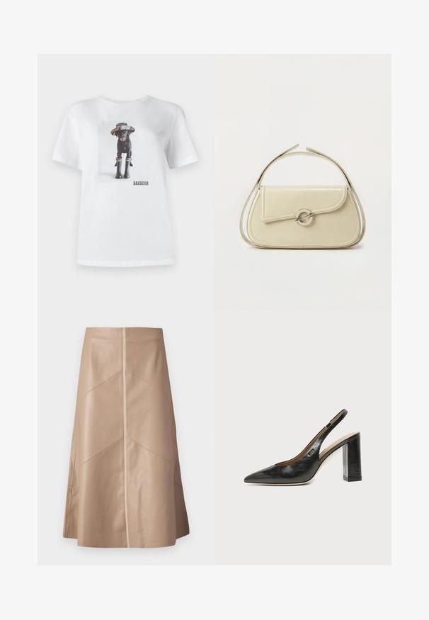 T-shirt en coton blanc avec un chien noir portant un chapeau et des bottes en caoutchouc, avec une photo imprimée et le logo 'BARBOUR' à l'avant.; Jupe A-line en simili cuir beige avec des détails de panneaux subtils et une finition mate lisse, longueur genou et taille haute.; Chaussure slingback en cuir noir à bout pointu avec un talon bloc haut et une doublure intérieure beige sur un fond clair uni.; Sac à main en cuir crème avec rabat incurvé, fermoir circulaire en argent et poignée courte sur le dessus, sur fond blanc uni.