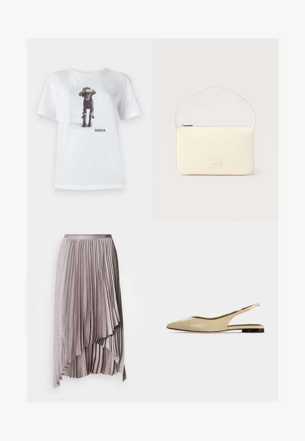 T-shirt en coton blanc avec un chien noir portant un chapeau et des bottes en caoutchouc, avec une photo imprimée et le logo 'BARBOUR' à l'avant.; Jupe plissée asymétrique mauve clair avec ceinture en satin et ourlet en cascade superposé, sur fond uni.; Chaussure plate beige à bout pointu avec bride arrière, petit talon noir et finition en cuir lisse, vue de côté sur un fond uni.; Sac à main rectangulaire de couleur crème avec une seule sangle et une fermeture éclair sur le dessus, comportant une petite plaque de logo embossé à l'avant.