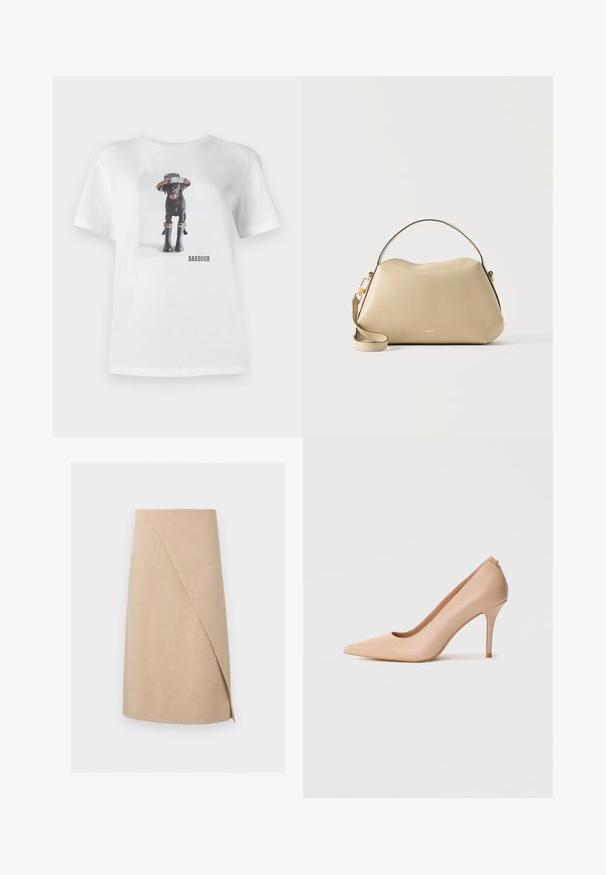 T-shirt en coton blanc avec un chien noir portant un chapeau et des bottes en caoutchouc, avec une photo imprimée et le logo 'BARBOUR' à l'avant.; Jupe portefeuille beige longueur genou avec un tissu subtilement texturé et un détail de superposition asymétrique à l'avant.; Escarpin à talon haut en cuir beige avec un bout pointu, une texture lisse et un talon aiguille fin. Design minimaliste avec un style à enfiler.; Sac à main en cuir beige avec poignée supérieure, bandoulière amovible et logo "BOSS" discret à l'avant, sur un fond uni.
