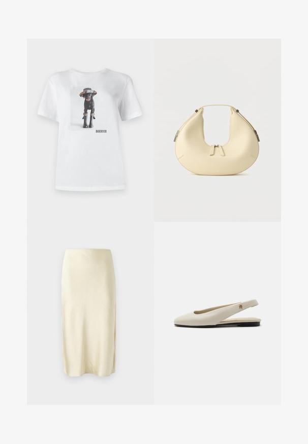 T-shirt en coton blanc avec un chien noir portant un chapeau et des bottes en caoutchouc, avec une photo imprimée et le logo 'BARBOUR' à l'avant.; Jupe midi en satin jaune pâle avec une texture lisse, présentant une fente latérale et un design à coupe droite. Silhouette simple et élégante.; Chaussure plate slingback en cuir couleur crème avec un bout arrondi et un petit emblème doré sur la bride.; Sac à main beige en forme de croissant avec fermeture à double fermeture éclair et poignée courte, avec des détails en métal argenté sur les côtés.