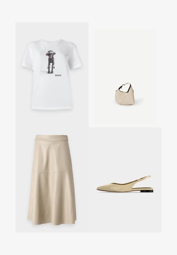 T-shirt en coton blanc avec un chien noir portant un chapeau et des bottes en caoutchouc, avec une photo imprimée et le logo 'BARBOUR' à l'avant.; Jupe en cuir beige taille haute, coupe trapèze, avec des coutures visibles au milieu et près de la ceinture.; Chaussure plate beige à bout pointu avec bride arrière, petit talon noir et finition en cuir lisse, vue de côté sur un fond uni.; Sac à main en cuir beige en forme de croissant avec une seule bandoulière et des coutures minimalistes, posé sur un fond blanc uni.